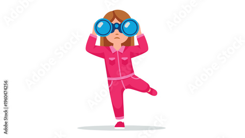 Curious girl in pink jumpsuit with big binoculars, looking forward