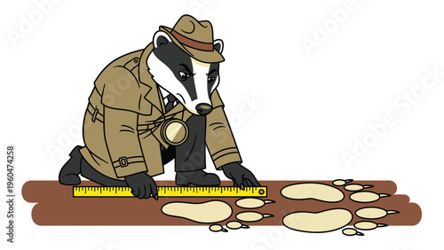 Cartoon Badger Detective Measuring Animal Footprints with Tape Measure: Wildlife Investigation Vector Illustration