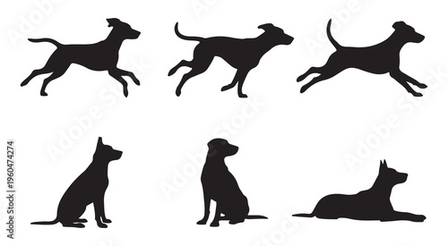 Collection of dog silhouettes in various running and static poses, depicting dynamic and resting canines