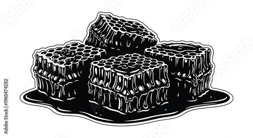 A detailed black and white illustration of honeycomb structures with dripping honey rendered as a silhouette high quality