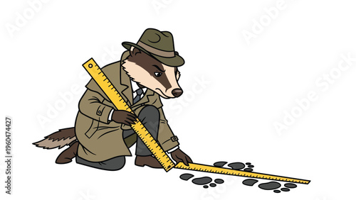 Cartoon Badger Detective Examining Evidence with Ruler on White Background