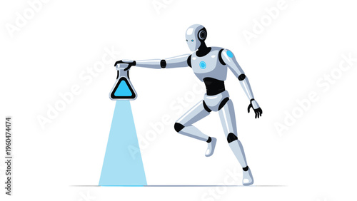 Futuristic humanoid robot holding glowing scientific flask, representing AI research, discovery, and advanced technology