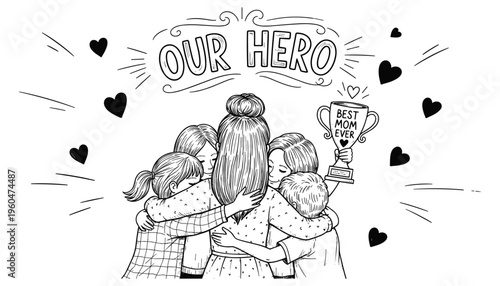 Quadro su tela Happy Mother's Day Hand Drawn Illustration — Mother Hugging Children with Best M