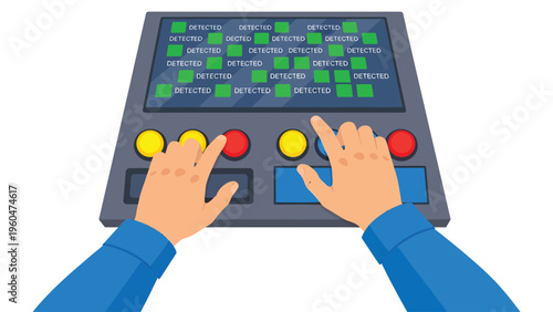 Hands operating control panel with digital screen displaying detected signals. Flat vector illustration.