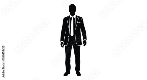 A sharply dressed man in a suit and tie stands facing forward depicted as a silhouette high quality