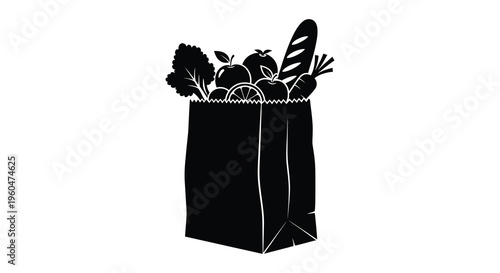 A black silhouette depicts a paper bag overflowing with fresh produce and baked bread silhouette high quality professional