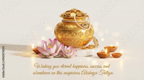 A golden pot overflowing with gold coins and pearls, adorned with jewelry, beside lit diyas and delicate lotus flowers for a prosperous Akshaya Tritiya