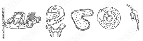 Black and white outline set illustrating key go kart racing equipment including a speed kart, safety helmet, race track, robust brake disc, and a fuel pump nozzle, perfect for motorsport