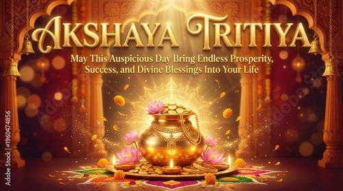 Ornate Akshaya Tritiya celebration with a golden pot of wealth, vibrant rangoli, bells, and glowing lights creating a festive and prosperous atmosphere