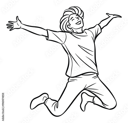 Energetic happy individual jumping with open arms expressing excitement and celebration, perfect for conveying triumph and positive emotion in marketing and educational materials.