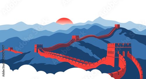 Great Wall of China at Sunrise with Mountains and Clouds