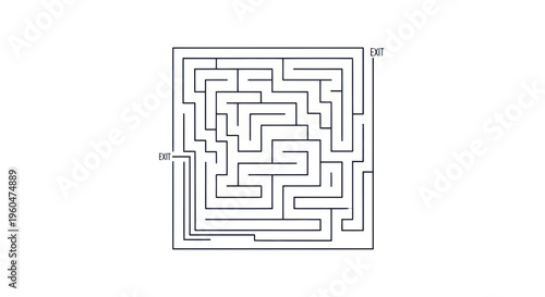 Square Maze with Two Exits on White Background - Challenge and Solution Concept