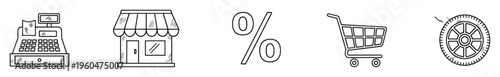 Line icons representing commerce and transportation, featuring a cash register, store building, percentage symbol, shopping cart, and car tire, useful for business and retail marketing