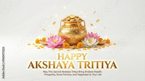Happy Akshaya Tritiya with a golden pot of abundant coins and jewelry, pink lotus flowers, and diyas on a clean white background signifying wealth and joy