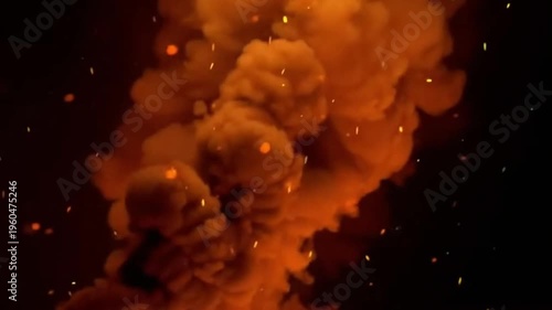 Orange hot fire flames and smoke explosion in the dark sky with motion blur and energy patterns