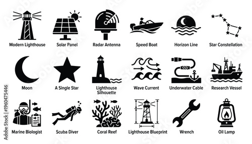 This comprehensive collection of marine navigation and celestial body icons is perfect for educational materials, website graphics, and applications needing clear visual representations of