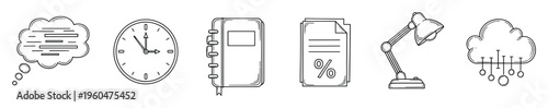 Set of diverse line icons representing business organization, time management, financial data, office work, thought processing, and cloud technology for various professional applications