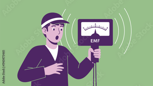 Shocked man holding EMF meter detecting high electromagnetic field radiation. Health concern illustration.