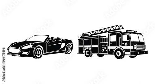 A striking black and white illustration depicts a sports car alongside a fire truck both in silhouette