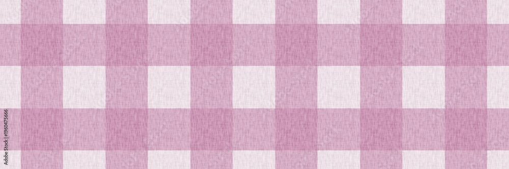 Fototapeta premium Pink mauve gingham pattern with linen texture background. Classic checkered plaid fabric for picnic, tablecloth, or textile design.