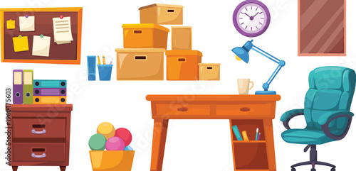Clean organized office workspace cartoon illustration with desk chair storage boxes clock lamp bulletin board neat interior vector background