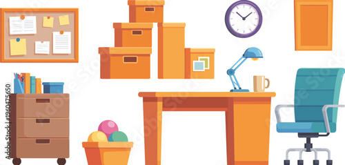Flat cartoon office workspace illustration with desk chair boxes storage clock lamp bulletin board organized interior workspace design vector background