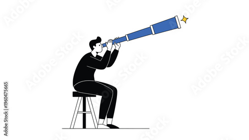 Visionary man searching for opportunities with a telescope. Future exploration and discovery concept.