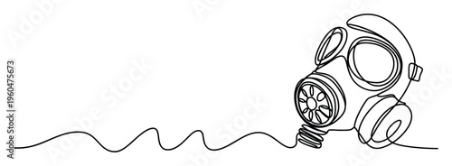 Single continuous line drawing of a gas mask symbolizing protection against environmental pollution and global crisis suitable for public safety campaigns
