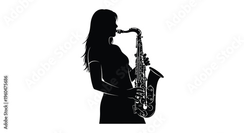 A striking black silhouette depicts a woman passionately playing a saxophone showcasing musical artistry and grace silhouette