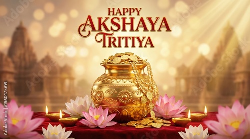 Festive Akshaya Tritiya scene with a golden pot overflowing with coins and jewelry, surrounded by lotus flowers and diya lamps, with blurred temple-like structures in the background