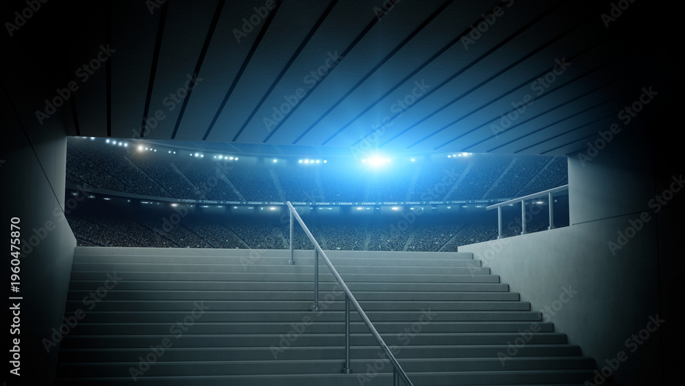 Obraz premium Entrance to modern soccer arena with crowded stands and tunnel stairs. An imaginary soccer stadium is modelled and rendered.