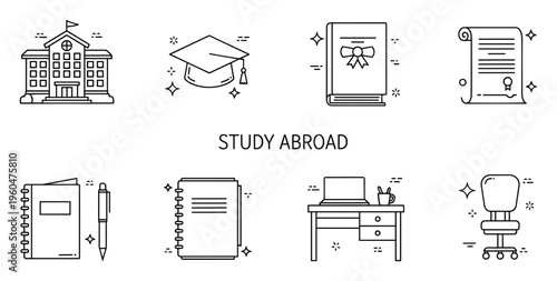 Essential collection of study abroad line icons depicting educational institutions, graduation success, academic materials, and dedicated learning environments, suitable for global