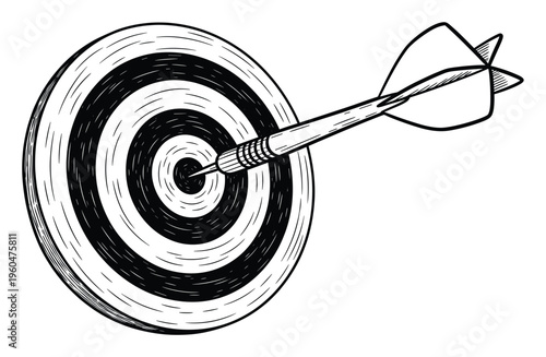 A precise dart hitting the center bullseye of a striped target board represents accuracy, focus, and achieving success in a game or business strategy.