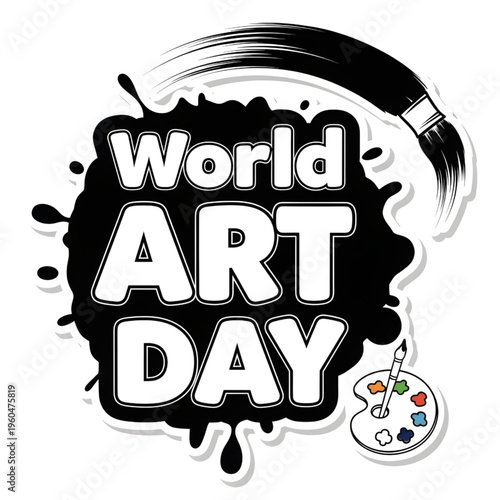 World art day celebration with paintbrush and palette on white background