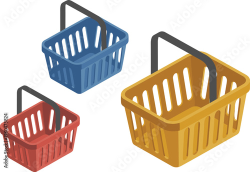 Isometric colorful plastic shopping baskets set retail supermarket containers empty grocery carry baskets market equipment illustration isolated minimal design