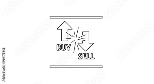 Minimalist black line art icon depicting dynamic buy and sell market activities and trading