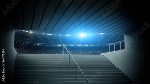 Entrance to modern soccer arena with crowded stands and tunnel stairs. An imaginary soccer stadium is modelled and rendered.