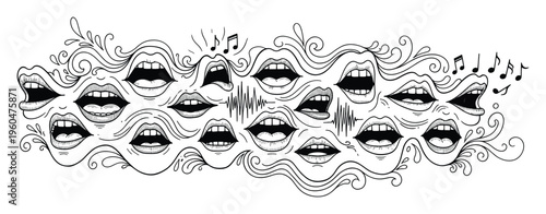 Dynamic line drawing of various open mouths with musical notes and sound waves representing singing and vocal expression, perfect for music related events or creative designs