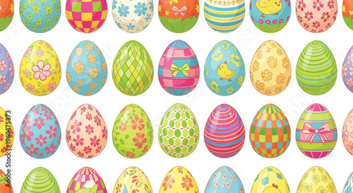 A vibrant collection of brightly colored and intricately patterned Easter eggs arranged in a seamless festive background pattern