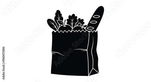 A dark silhouette depicts a paper bag filled with fresh produce and a baguette silhouette high quality professional