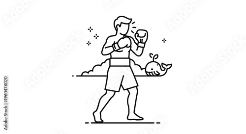 Dynamic line art illustration of a boxer ready for action, symbolizing strength and playful spirit