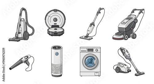 Set of modern household cleaning appliances icons featuring canister vacuum, robot vacuum, washing machine, air purifier, and floor scrubbers isolated on white.