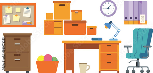 Minimal clean office workspace cartoon illustration with desk chair storage boxes clock lamp bulletin board modern interior vector background