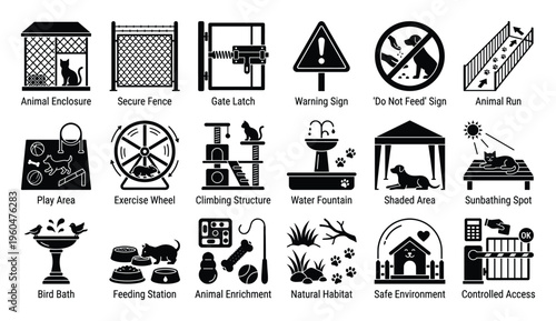 Comprehensive set of animal care and safety icons including enclosures, feeding stations, play areas, and warning signs, ideal for pet facility planning or educational resources.