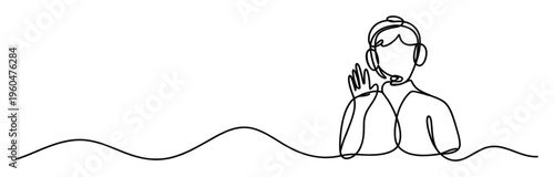 A minimalist one line drawing of a call center operator with a headset and microphone gesturing, ideal for telemarketing, customer service, support, or communication business presentations.