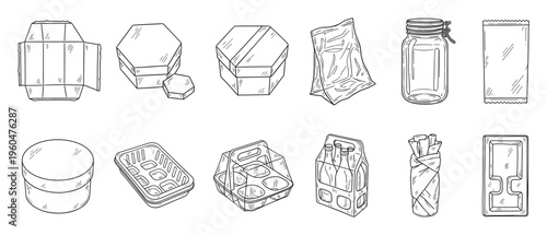 Collection of diverse product packaging types presented in black and white line art, perfect for graphic design resources and illustrations related to merchandise and storage solutions.