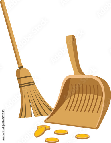 Wooden broom and dustpan collecting coins illustration financial savings concept money cleanup budgeting expense management flat design isolated background