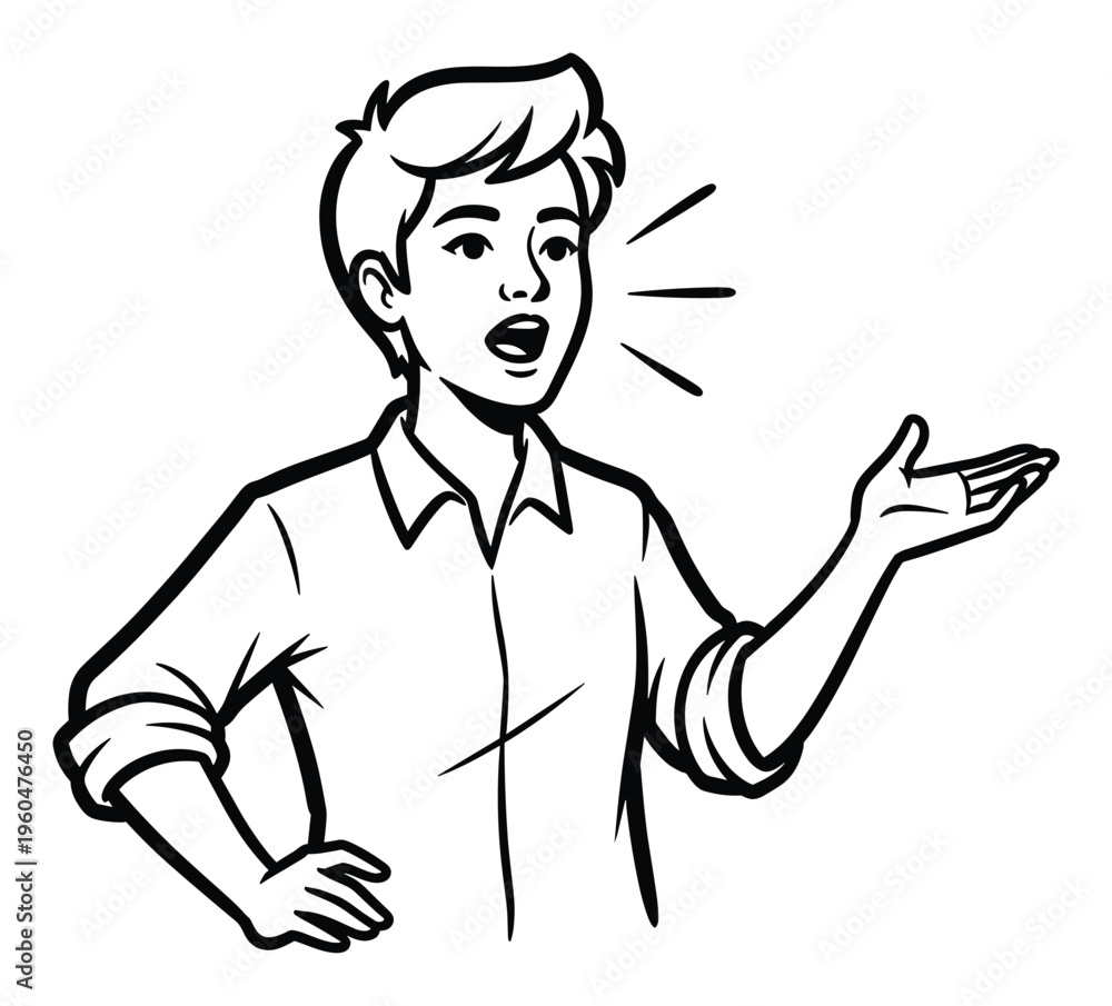 Obraz premium Energetic young speaker communicating a message with an open hand gesture and confident posture, ideal for engaging presentations and instructional visual aids