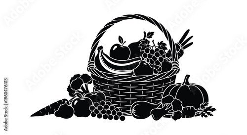 A detailed black silhouette depicts a woven basket overflowing with fresh produce and garden vegetables silhouette high quality