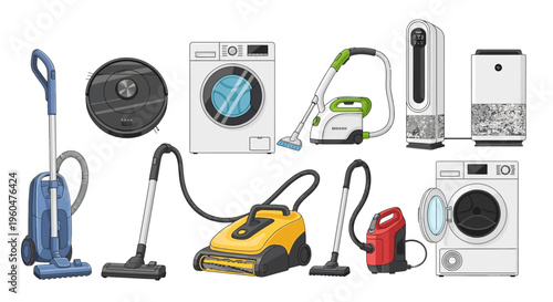 Set of modern household appliances icons featuring various vacuum cleaners, washing machines, and air purifiers isolated on a plain white background for design.